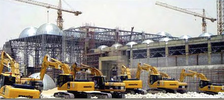 Excavators working in front of a tower crane skyline